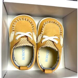NEW Robeez Boat Shoes 6-9 Months Skipper First Kicks Mini Leather Tan Plaid